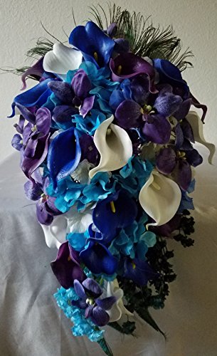 Peacock Calla Lily Orchid Hydrangea Cascading Bridal Wedding Bouquet & Boutonniere