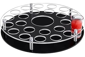 peacoblue 25 Shot Glass Tray Holder with Heavy Base-Black, Clear Bar Circular Acrylic Cups Tray Holder Organizer with Central Bottle Slot for Parties, Clubs & Home Bars