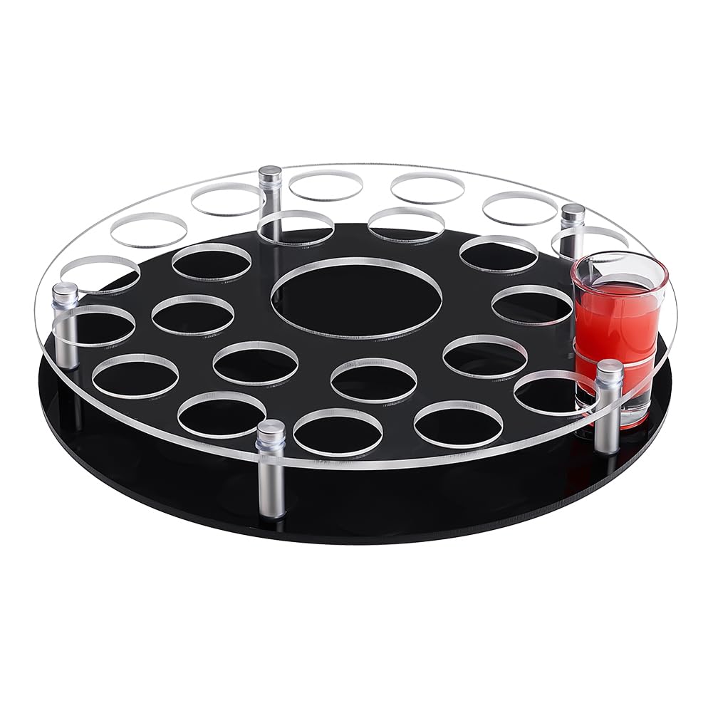 Photo 1 of peacoblue 25 Shot Glass Tray Holder with Heavy Base, Clear Bar Acrylic Cups Tray Holder Organizer with Central Bottle Slot for Parties, Clubs & Home Bars