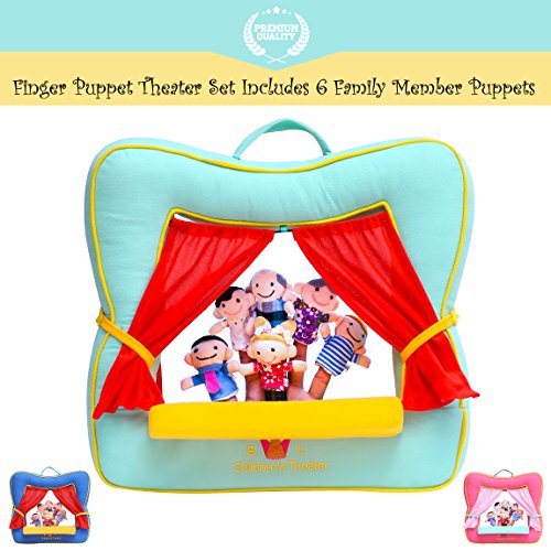 Finger Puppet Theater Stage by Better Line - Set Includes 6 Finger Family Puppets - Portable Plush Finger Puppet Theater is the Best Preschool Kids Toy (Spring Green Color)
