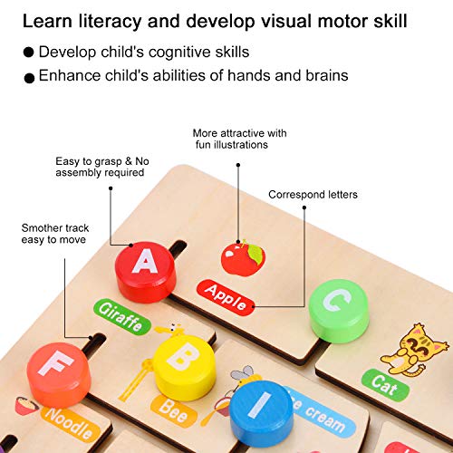 AiTuiTui Wooden Alphabet Maze Board, ABC 26 Letters Match Puzzle Learning Toys Early Educational Motor Skill Activity Matching Games with Cute Illustrations for Kids Toddlers Gifts