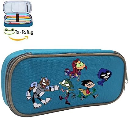 TeenTitansGo Big Capacity Canvas Pencil Case Holder New Style Printed Multifunction Pen Bag Durable Students Stationery Makeup Pouch Double Zipper Creative Portable Travel Bag blue