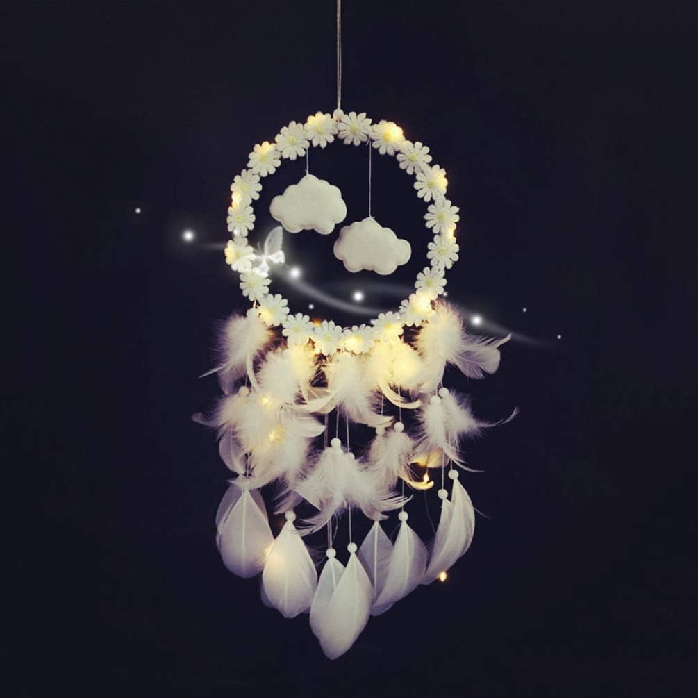 SMALL STAR Dream Catcher Handmade LED Light Cloud Shape Feather Design Dreamcatchers for Wall Hanging Decor Home Decoration Festival Gift - Whit