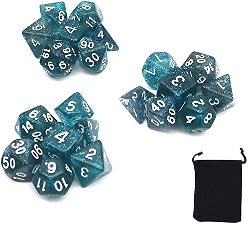 DollaTek Glitter Point Polyhedral Dice Set Table Games Dice 3 Sets Dice 3 x 7 (21 Pieces) Die Series D20 D12 D10 D8 D6 D4 DND dice DND RPG MTG Double Colors One Piece (Blue)