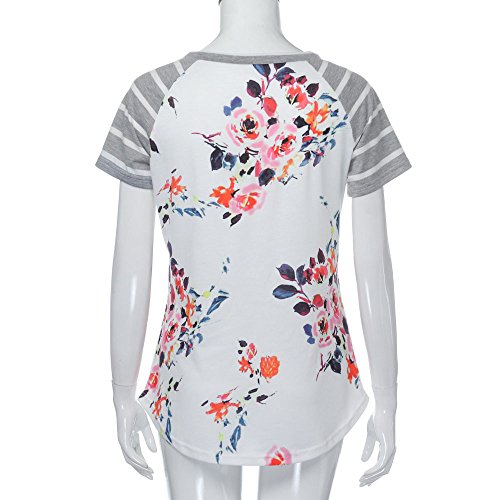Pengy Clearance Women Short Sleeve Striped Floral Printed Blouse Shirt Tops (M, White)