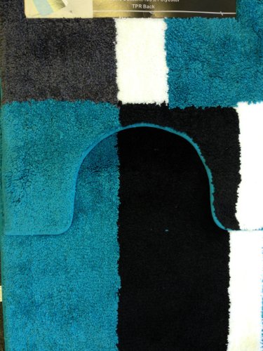 2 Piece Microfiber Bath Rug Set Checker Stripe Bathroom Rug and Contour Mat 20"x30" (Blue)