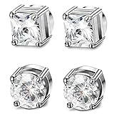 JOERICA 2 Pairs Stainless Steel Magnetic Stud Earrings for Men Women Non Piercing CZ Earrings,4MM Silver-tone
