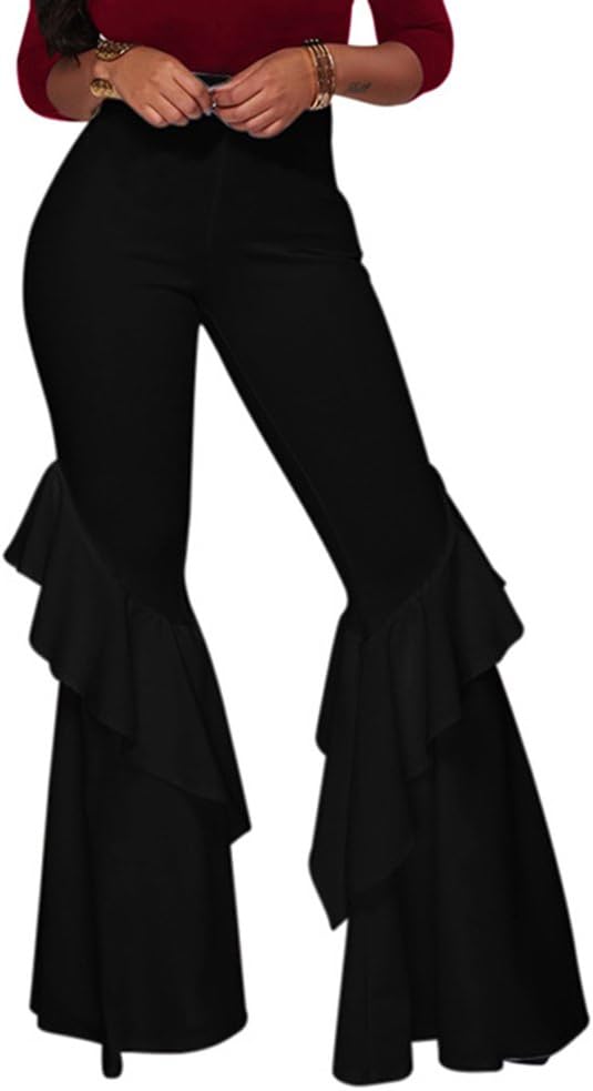 GUOLEZEEV Womens High Waisted Ruffle Flare Fit Pants Solid Color Wide Leg Trousers with Back Zipper