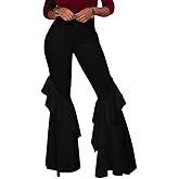 GUOLEZEEV Womens High Waisted Ruffle Flare Fit Pants Solid Color Wide Leg Trousers