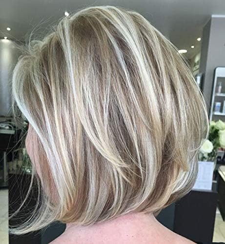 Moresoo 14 Inch 130% Density Color #8 Light Brown Highlights with #60 Platinum Bleach Lace Front Wigs Short Human Hair Short Wigs for Women Natural glueless Hair Wig