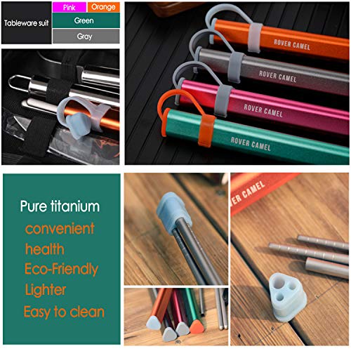 Rover camel 1 Pair of Ultra Lightweight Reusable hollow Pure titanium Chopsticks and 1 Pure titanium Straw,with Free Aluminium Case Strong Healthy (Gray-Pure titanium)