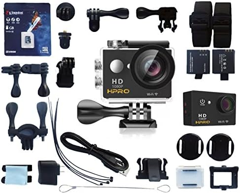 H-PRO Black 4 Premium Quality Sports Action Waterproof Camera 170° Wide Angle View Full HD1080p 12MP 30m/92ft Water Resistant WiFi 22 Accessories 8GB Kingston SD Card Bikes Helmet Diving Snorkelling