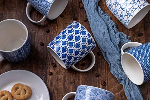 MACHUMA Set of 6 11.5 oz Coffee Mugs with Blue and White Geometric Patterns, Ceramic Tea Cup Set - //coolthings.us