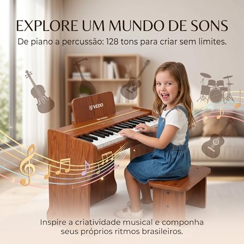 VEDO Piano Digital Infantil 37 Teclas, 128 Timbres, 128 Ritmos, 23 MúSicas De DemonstraçãO, Instrumento Musical Educativo, Madeira De Carvalho, Adequado Para Meninos E Meninas A Partir De 3 Anos