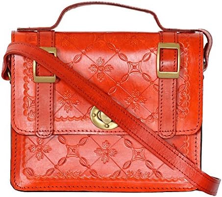 8 Inch Hand Carved &amp; Embossed Crafted Satchel bag Leather messenger Hide &amp; Top Finished vintage Crome Hardware Adjustable shoulder Strap Bag By Sparsh INC.