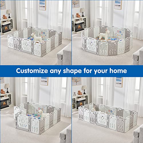 Albott Baby Playpen 22 Panels, Foldable and Portable Kids Safety Play Yard with Lockable Door, Adjustable Shape Activity Center for Indoor and Outdoor Use (White & Grey)