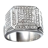 Oakky Men's Stainless Steel Hip Hop Iced Out Cubic Zirconia Square Rings CZ Wedding Bands Silver Size 13