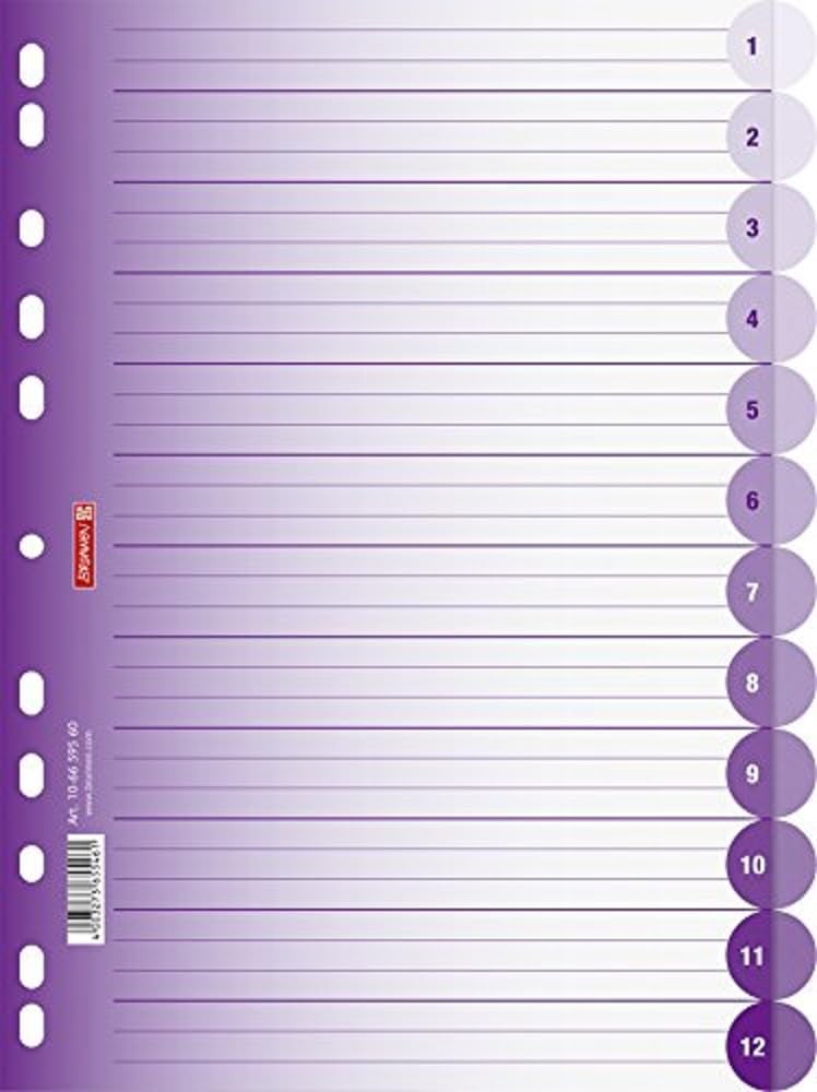 Brunnen Colour Code Dividers for Ring Binder A4 in Various Colours (Set of 12) Purple