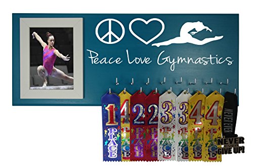 RunningontheWall Gymnastics Medal Display Rack, Gymnast Medal Hanger "PEACE. LOVE. GYMNASTICS." Gymnastics Award Hanger, Gymnast Ribbon Holder