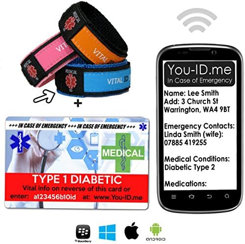 Diabetes Type 1 SMS Medical ID Bracelet and Identity Card with You ID Me Emergency Medical Alert Service Men Women (Medium (Teen/Sml Adult), Mid Blue)