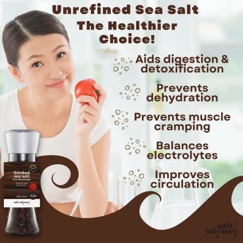 SALT ODYSSEY GRINDER SALT, PURE SEA SALT FOR SEASONING MEAT, FISH AND CHICKEN, 100% NATURAL SEA SALT FROM GREECE, GOURMET NATURALLY SMOKED SEA SALT MILL GRINDER (7.05 OZ.)