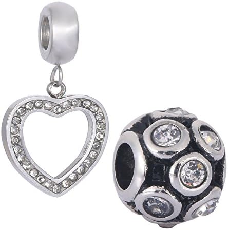 CHERFELING Stainless Steel Birthstone and Hearted Love Charm Beads with Rhinestone,Pack of 2