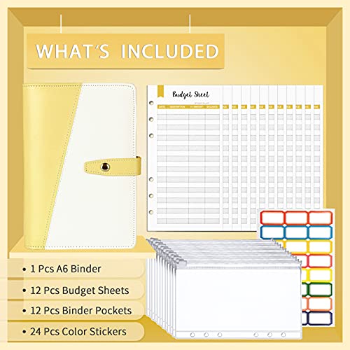 Classeur A6 en PU Cuir, TAOPE Housse de Cahier 6 Anneaux Remplissable avec 12 Pochettes Transparentes à Fermeture Éclair Pour La Budgétisation De L\'argent Enveloppes Économiser Organisateur - Jaune
