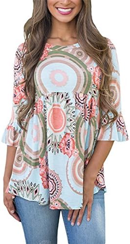 LISTONE Women's T-Shirt 3 4 Sleeve Floral Print Fold Bell sleeves Shirt tops (Small, blue)
