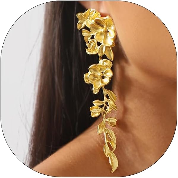Gold Double Flower Dangle Earrings - Boho Chic Statement Earrings For Women, Alloy, 1.81"