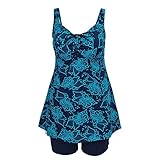 Women's Plus-Size Swimsuit Retro Floral Print Open Back Tankini Top Set Two Piece Swimwears