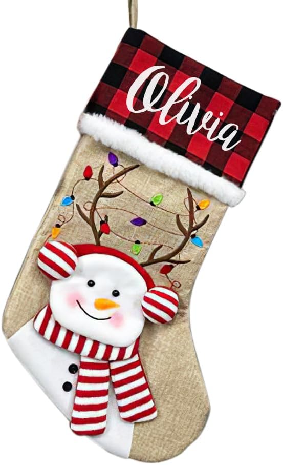 Stockings & Holders - Juantao Personalized Christmas Stocking with Name Buffalo Plaid Xmas Stocking with 3D Gnome Santa Reindeer White Bear Snowmen Hanging Stocking for Christmas Tree Family Holiday Party Decoration