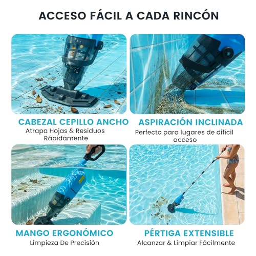 Aspirador de Piscina inalámbrico, limpiafondos de Piscina Manual hasta 90 Minutos, pértiga telescópica de 160 cm, Limpiador de Piscina, succión de hasta 4088 L/h, Ideal para spas y Hot tubs