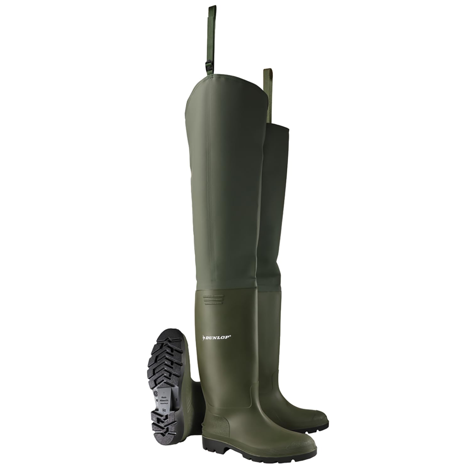 DUNLOP Pricemastor Thigh Wader Wellington Boot - Unisex, Waterproof PVC Work Wellies for Agriculture and Fishing, Green/Black - EU40, UK6