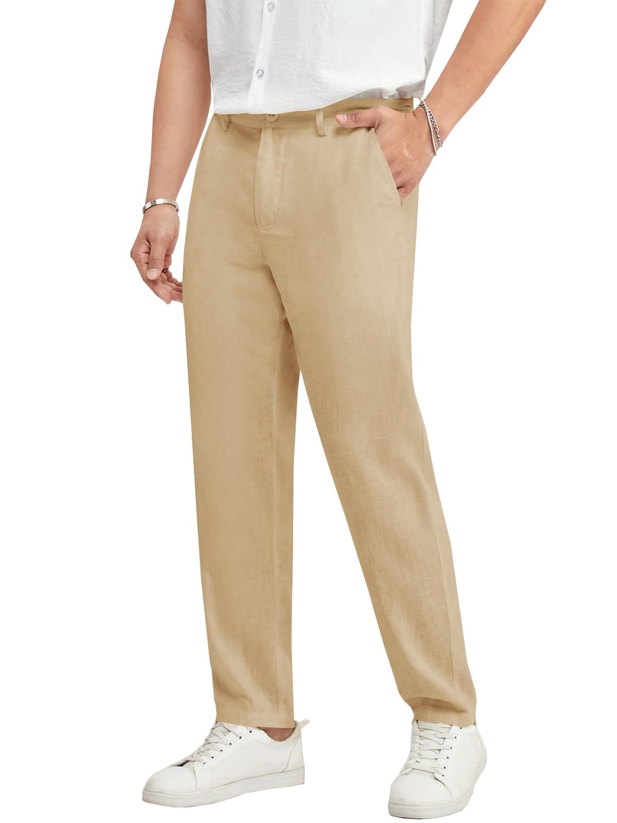 Photo 1 of Ryannology Men's Casual Linen Pants Elastic Waist Slim Fit Beach Yoga Business Lightweight Cotton Trousers Pants with Pockets Khaki 2xl