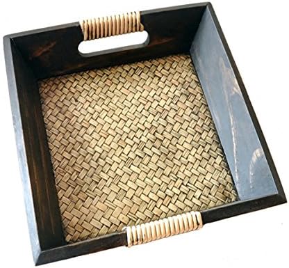 Import Thailand Pure Handmake Bamboo Chassis Wooden Frame Serving Tray with Handles,Dark brown (Large)