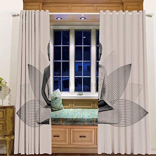 Room Darkening Thermal Blackout Grommet Window Curtain for Living Room,84" Wx45 L,Asian,Meditating Statue Silver Color on Lotus Background Far Eastern Asian Sage Art Print Decorative,White Grey
