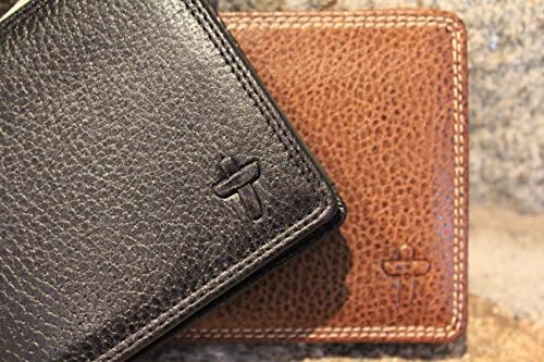 Leather Hipster Men's Wallet - Saddle Brown Genuine Leather - Embossed Cross