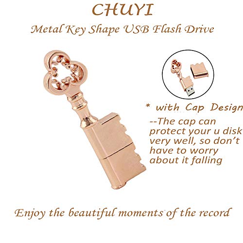 CHUYI Metal Rose Gold Key Shape 64GB USB 2.0 Flash Drive Cool Pen Drive Waterproof Memory Stick Data Storage Funny Thumb Drive U Disk Gift