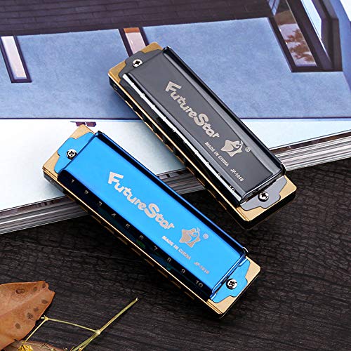 IAMGlobal Harmonica Key of C 10 Hole 20 Tone, Harmonica C Blues with Case, Cleaning Cloth, Phosphor Bronze Reeds Titanium Alloy Plated, Musical Instrument (Blue) - Thumbnail 6