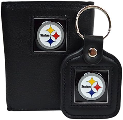 Official National Football League Fan Shop Authentic Genuine Leather NFL Trifold Wallet and Key Chain Bundled Set (Pittsburgh Steelers)
