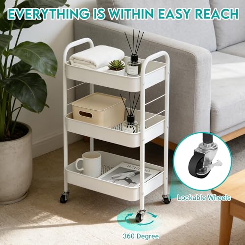 ZOESTORAGE 3 Tier Rolling Cart Metal Storage Cart with Wheels for Home, Bathroom, Kitchen, Laundry, Office and Rolling Cart Kitchen for Books, Vegetables and Snacks, White