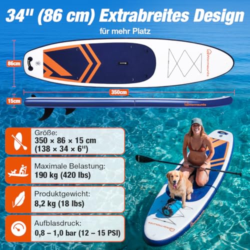 Warmounts 350 cm Large Inflatable SUP Board, 86 cm Extra Wide Stand Up Paddle Board, 2-in-1 ISUP Paddle Board with Kayak Seat & Double Paddle for Beginners and Adults, Pump and Backpack, 190 kg