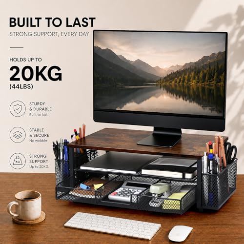 Computer Monitor Stand Riser with Storage, 2-Tier Wooden Desk Organiser and Accessories with Drawer & 2 Pen Holders, Ergonomic Desktop Stand for Printer, iMac & Office Desk Accessories, Brown