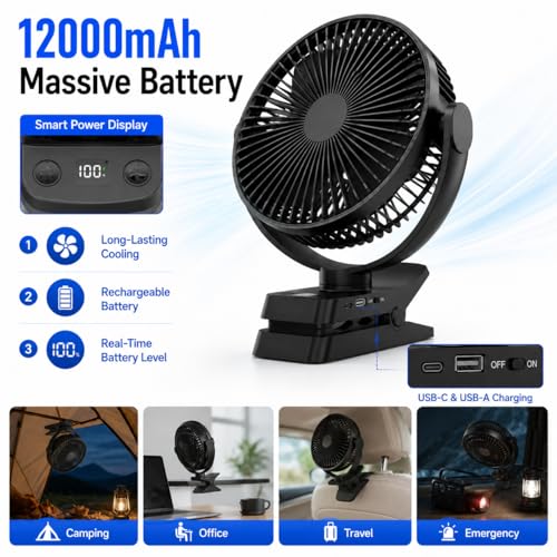 8.3 Inch Clip on Fan with Remote, 12000mAh Battery Operated Rechargeable Desk Fan with LED Light, Timer & Power Display, 4 Speeds Portable Fan for Golf Cart, Camping Tent, Travel, Office, Outdoor | 12000 mAh battery, battery level indicator, LED light, timer