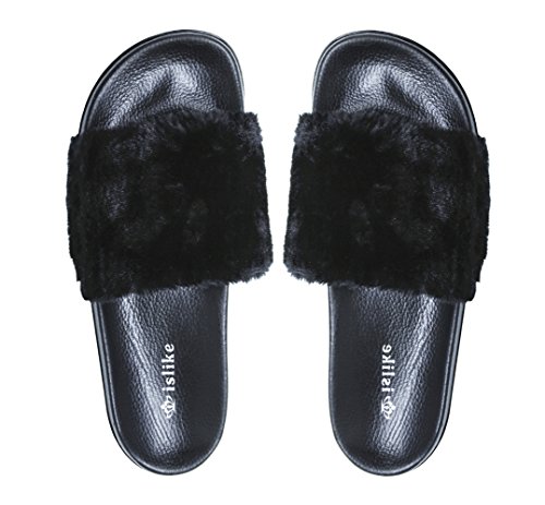 House Slippers For Women, Fur Sandals Flip Flop Soft Flat For Indoor Outdoor(10.5 Black)