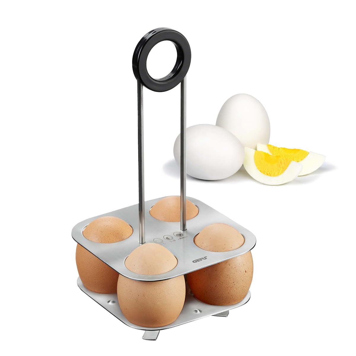 GEFU BRUNCH Egg Holder for Cooking, Cooling & Serving up to 4 Eggs, Adjustable Stainless Steel Plates, Heat‑Insulated Grip, Fits Pots from 12 cm