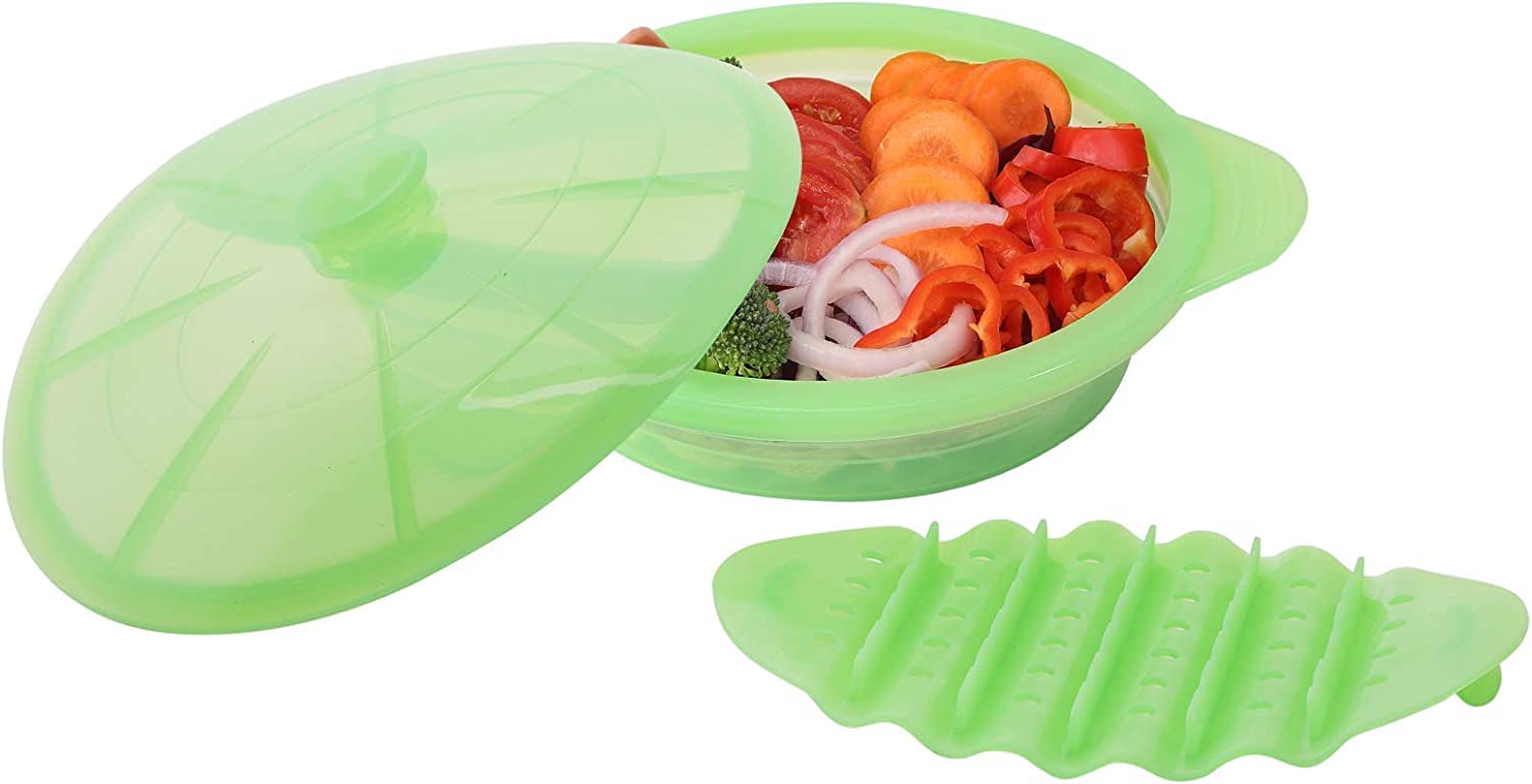 Photo 1 of Microwave Steamer Cooker Collapsible Bowl-Silicone Steamer Cookware with Handle Lid for Vegetables Fish Prep Meal Food with Removable Rack BPA Free, Easy to Store, Freezer & Dishwasher Safe, Large