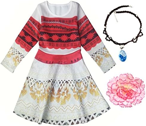 Little Girls Long Sleeves Cartoon Digital Print Princess Moana Dress Up Costume Dress Outfit with Necklace Flower (4, Long Sleeves)