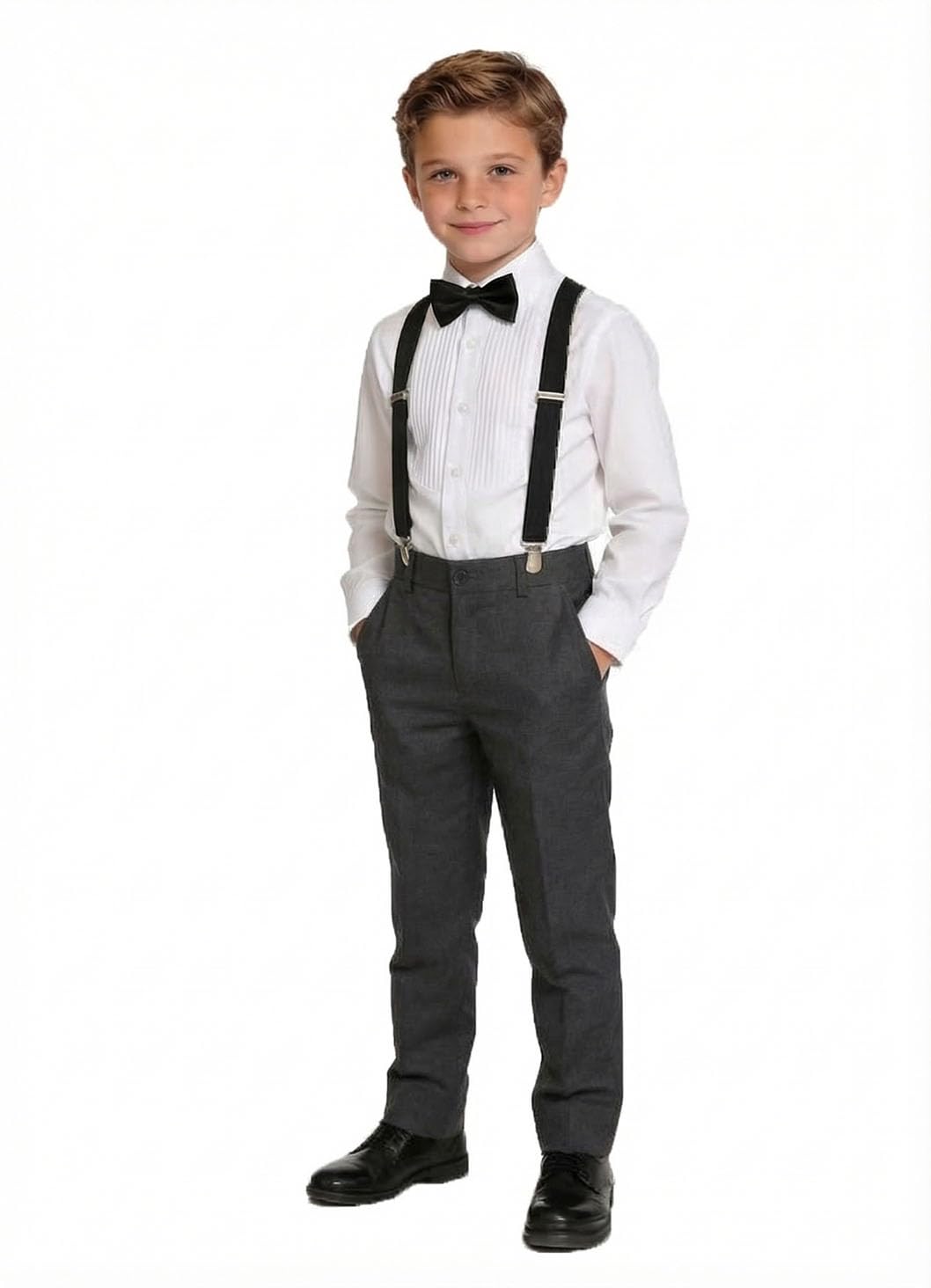SaiLiiny Boys Wedding Suits Kids 4-Piece Formal Suit with Suspender Dark Gray Tuxedo Dress Suits for Little Boys Size 8 Image
