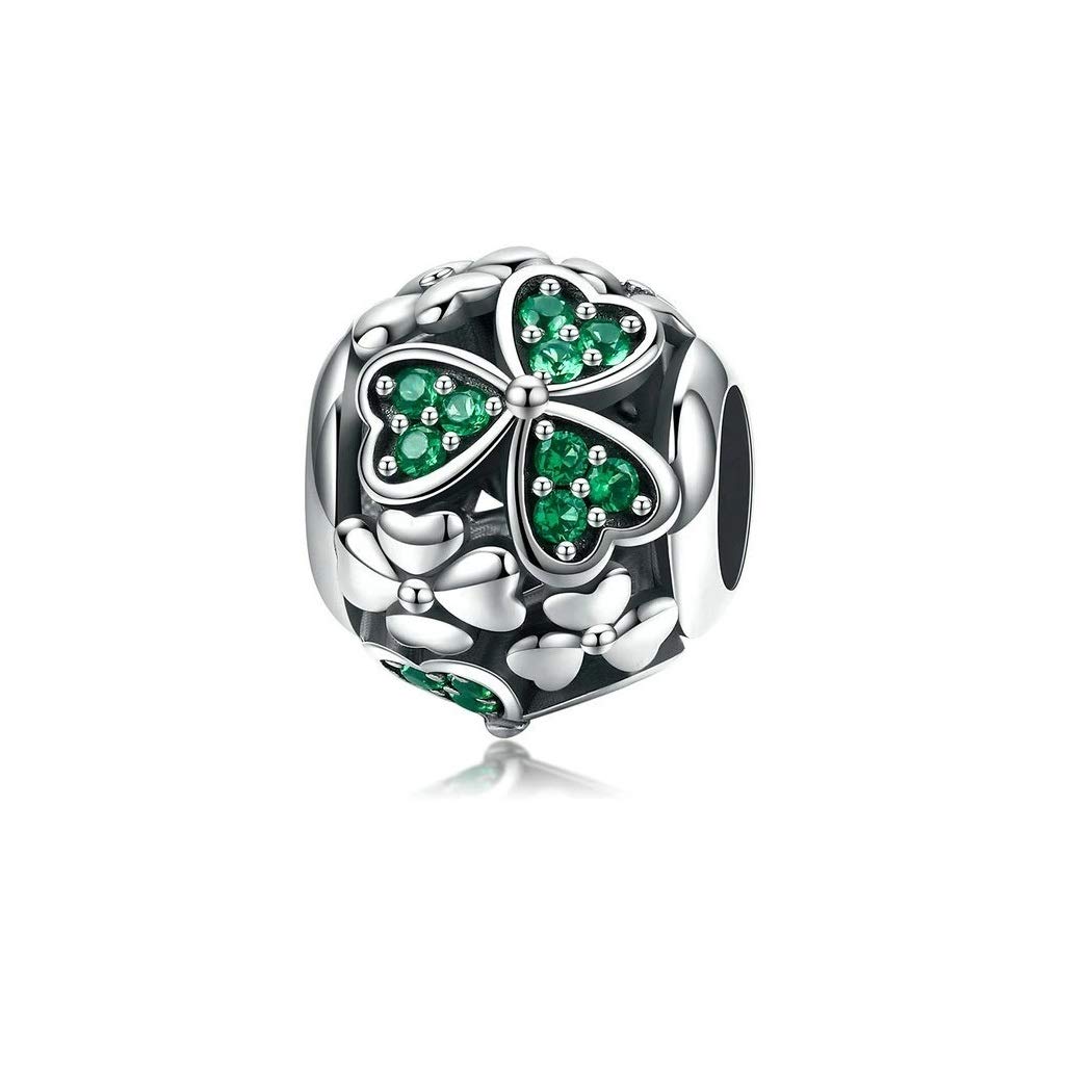 FeatherWish Lucky Clover Shamrock Charm 925 Sterling Silver Four Leaf Flower Irish Family Friend Luck Bead Fits And Compatible With Pandora Bracelets Gift For Birthday Mum Wife (Green Clover Bead)
